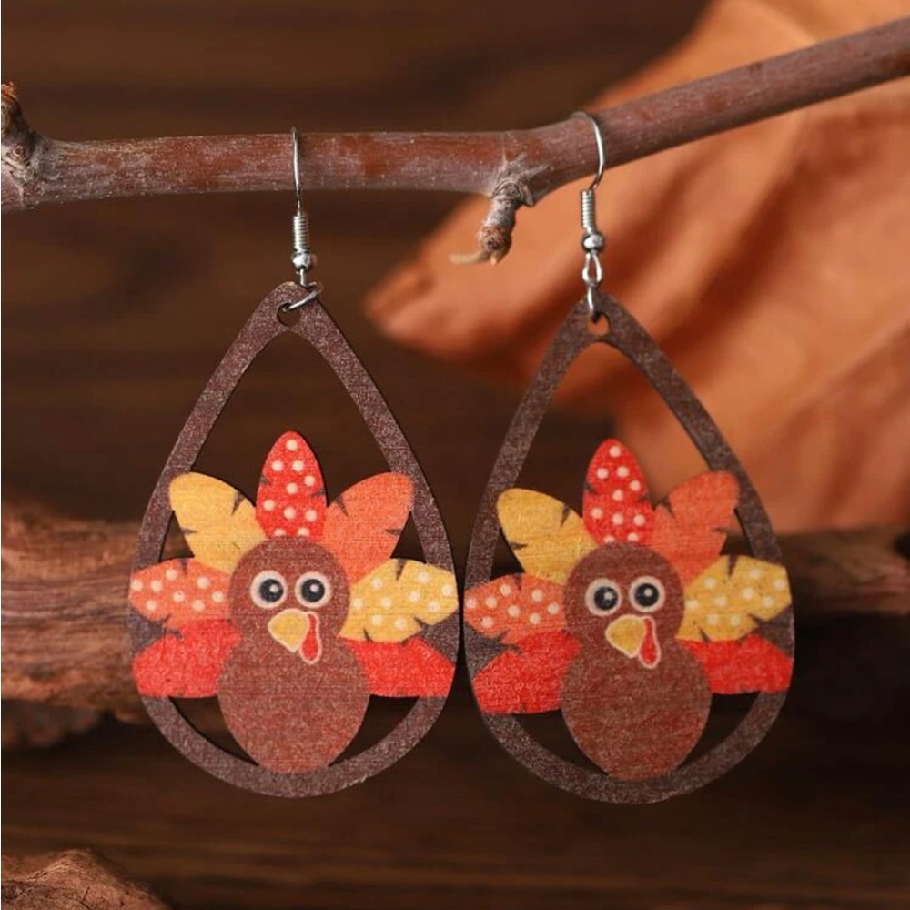 Wooden Thanksgiving Turkey Drop Earrings